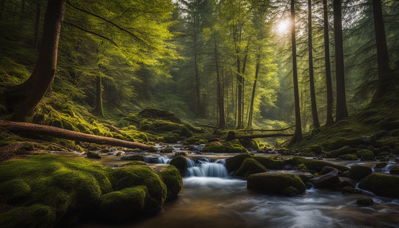 un clairière forestière paisible avec ruisseau dans une ambiance animée.