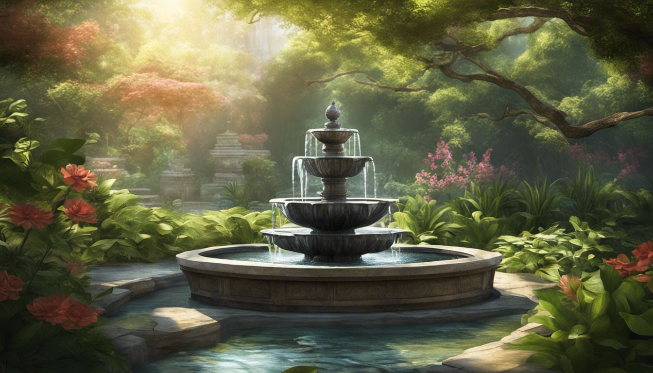 un jardin zen paisible avec une fontaine entourée de plantes vertes vibrantes et de fleurs délicates.