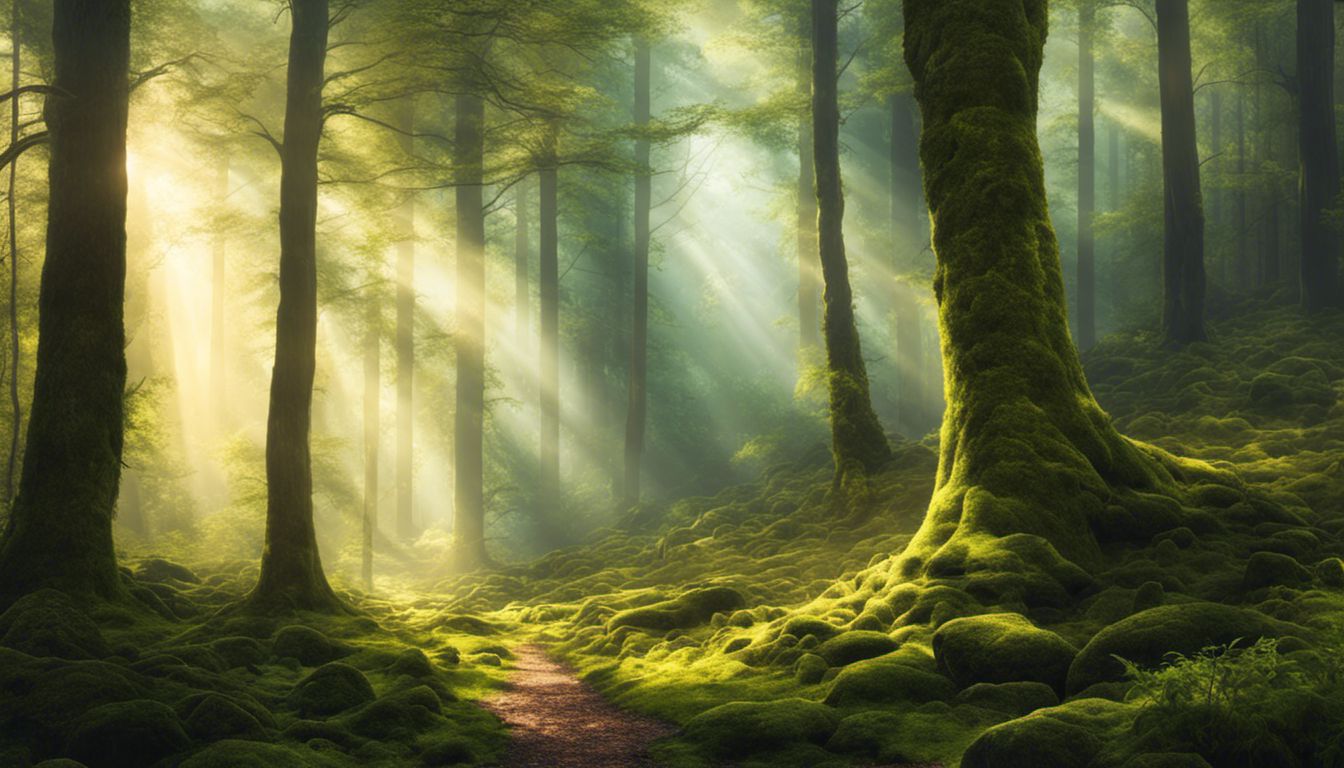 une forêt paisible avec des rayons de soleil filtrant à travers les grands arbres majestueux, illuminant le sol couvert de mousse, mettant en valeur la beauté de l'harmonie et de la tranquillité de la nature.
