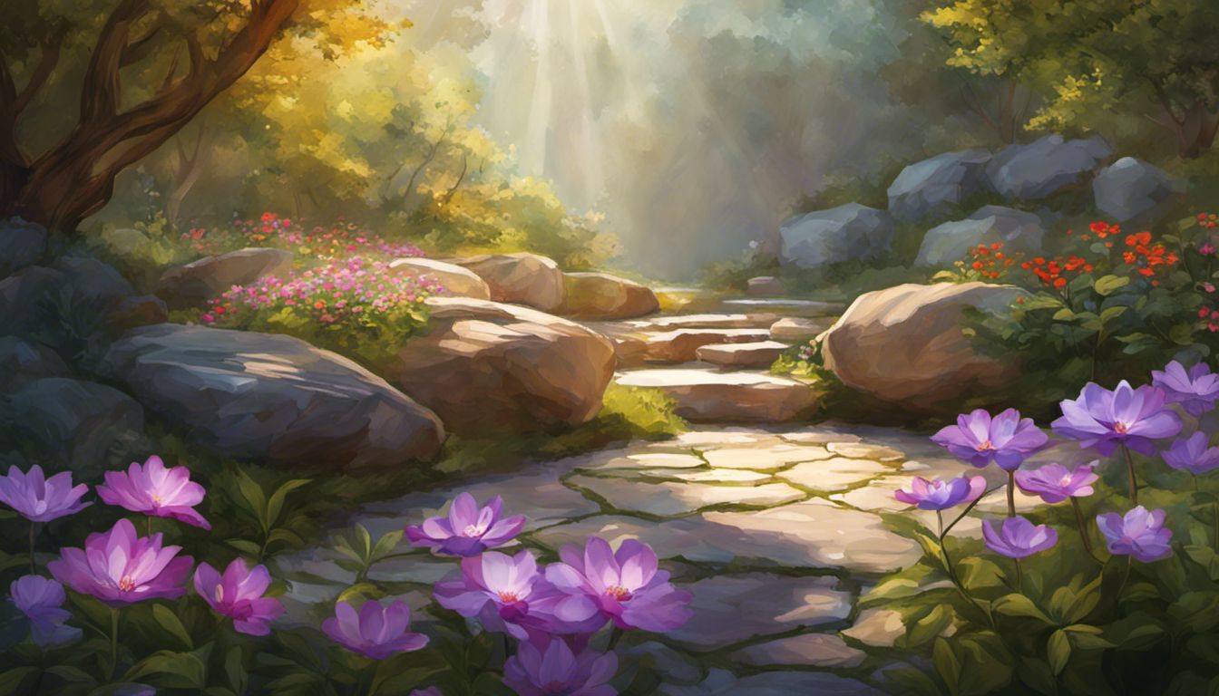un jardin tranquille avec des fleurs vibrantes et un petit coussin de méditation, capturant l'essence de la pleine conscience et de la paix.