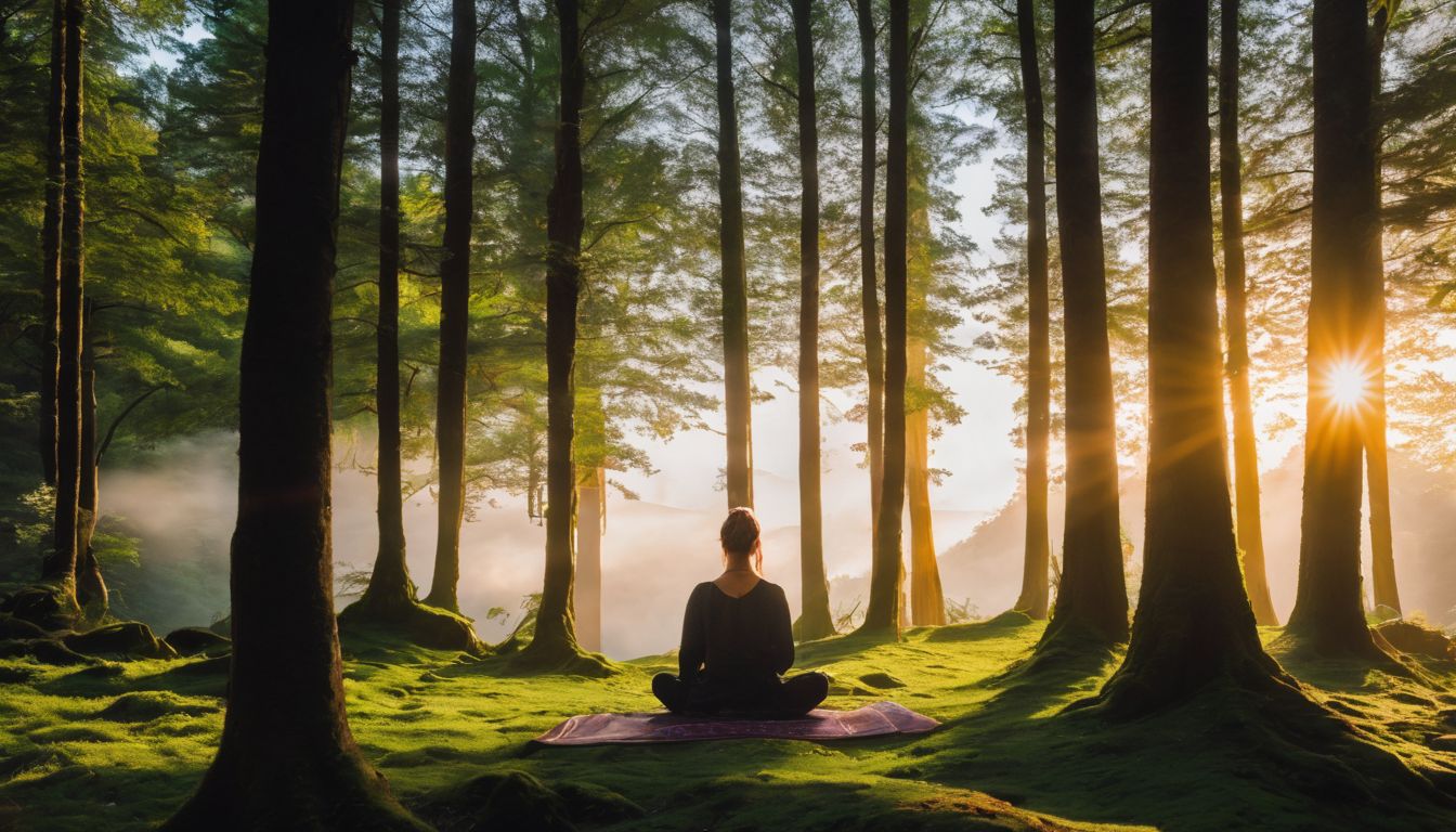 une personne médite dans une forêt paisible entourée d'arbres verdoyants.