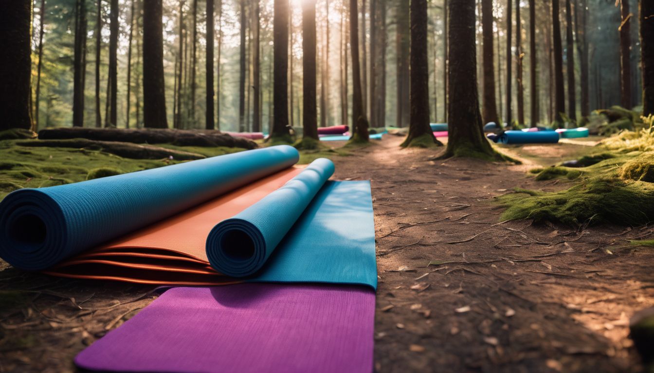 un groupe de tapis de yoga colorés dans une clairière forestière ensoleillée.