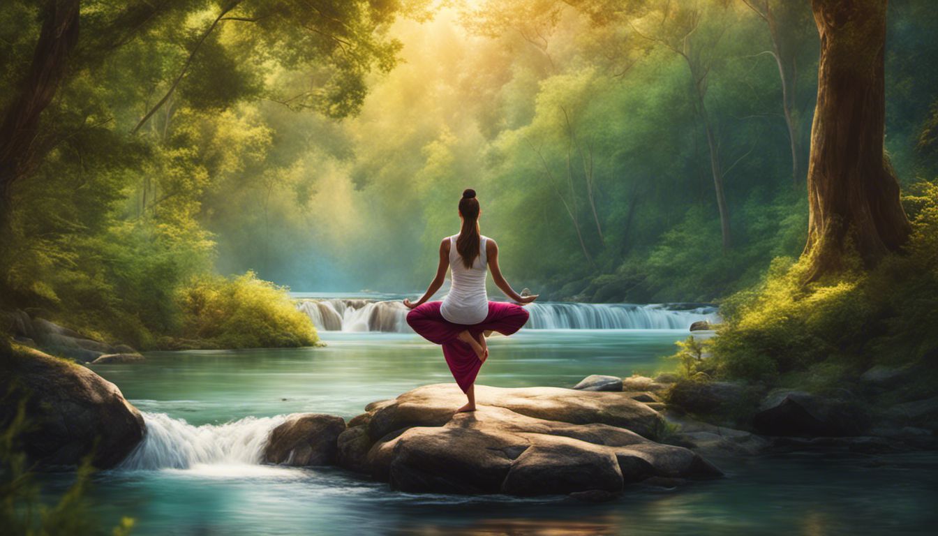 une personne pratique le yoga kundalini dans un cadre naturel paisible, entourée d'arbres majestueux et d'une rivière paisible, capturant l'essence de la beauté de la nature.