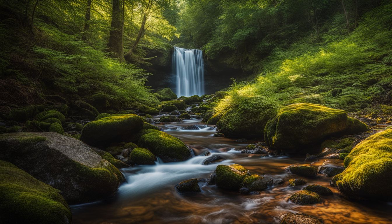 une scène calme de forêt avec un ruisseau et une végétation vibrante.