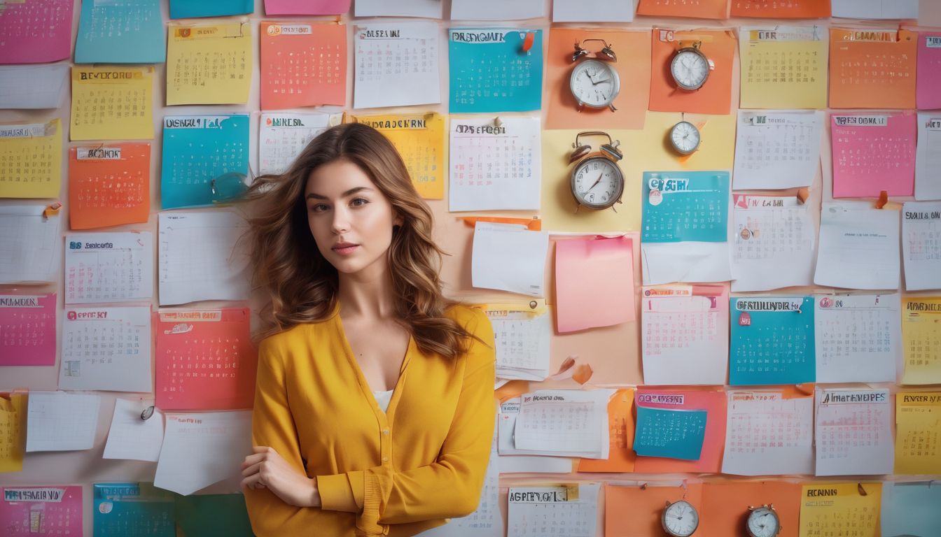 a person organizing tasks on a colorful calendar surrounded by clocks.