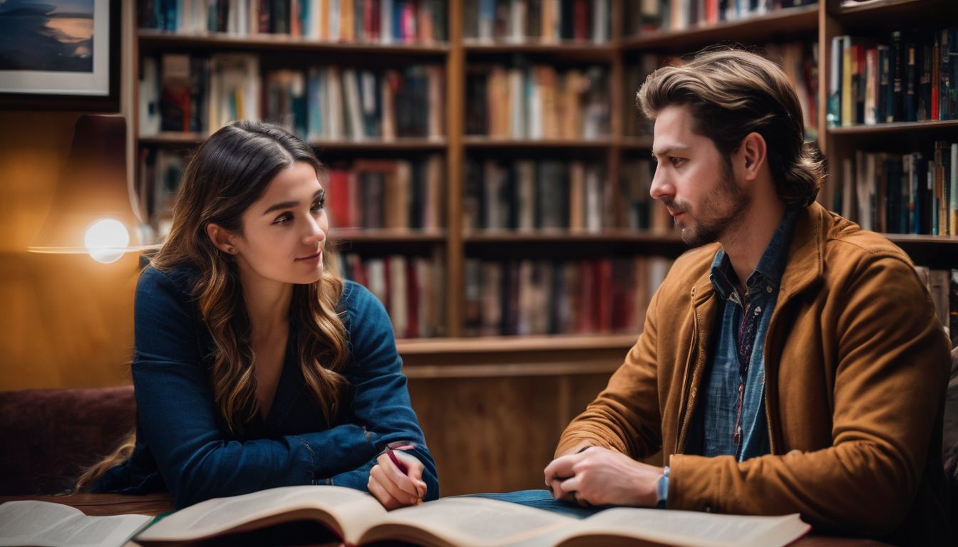 two people engaged in deep conversation surrounded by books and a cozy atmosphere.