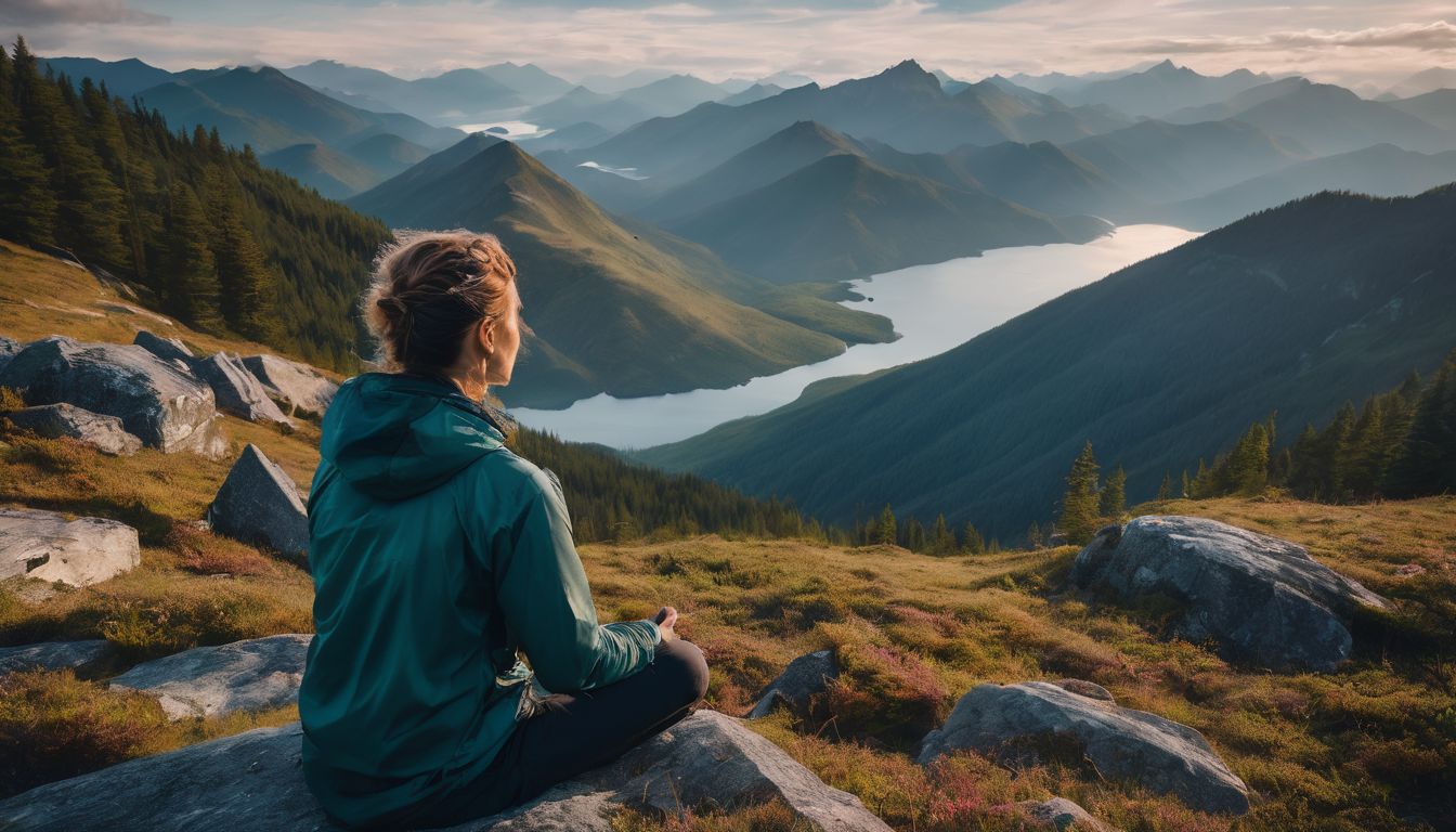 a person meditates alone on a mountaintop surrounded by vibrant nature.