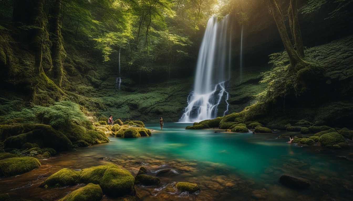 a serene forest waterfall with diverse people and beautiful scenery.