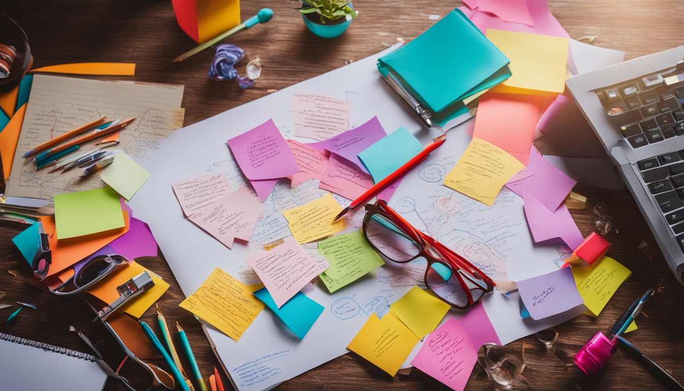 colorful mind map surrounded by office supplies, capturing diversity and creativity.
