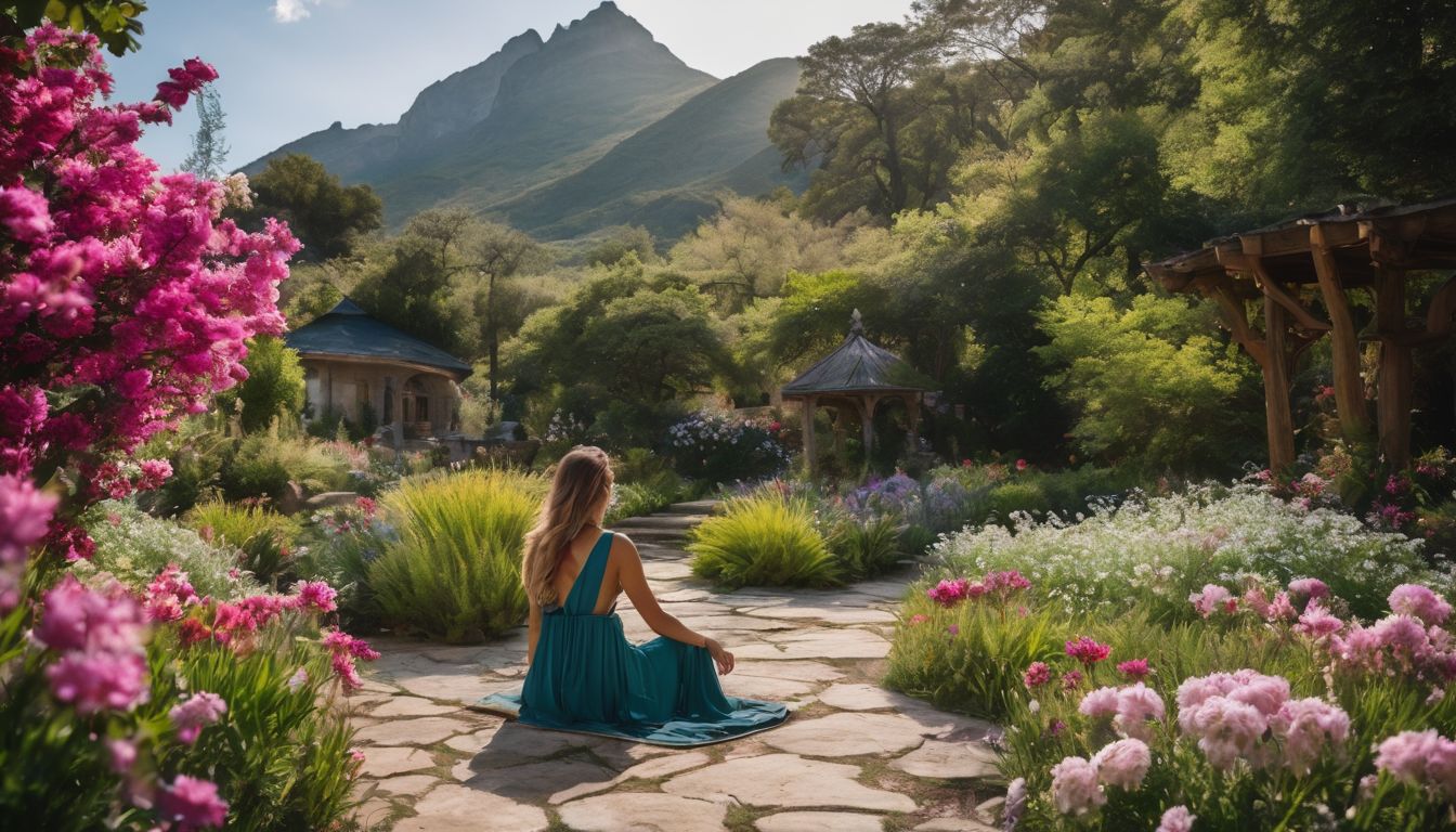 a person in a peaceful garden surrounded by vibrant flowers.