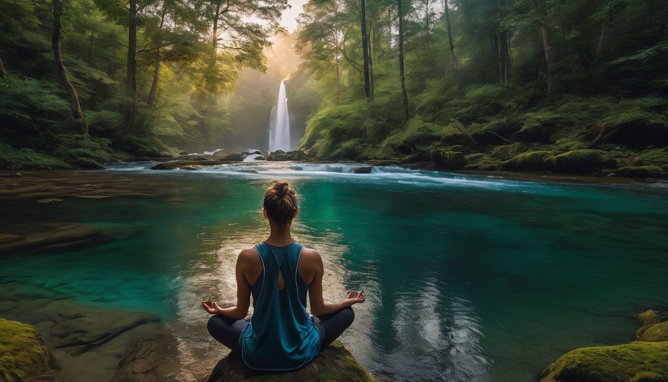 a person meditating in a serene forest surrounded by vibrant nature.