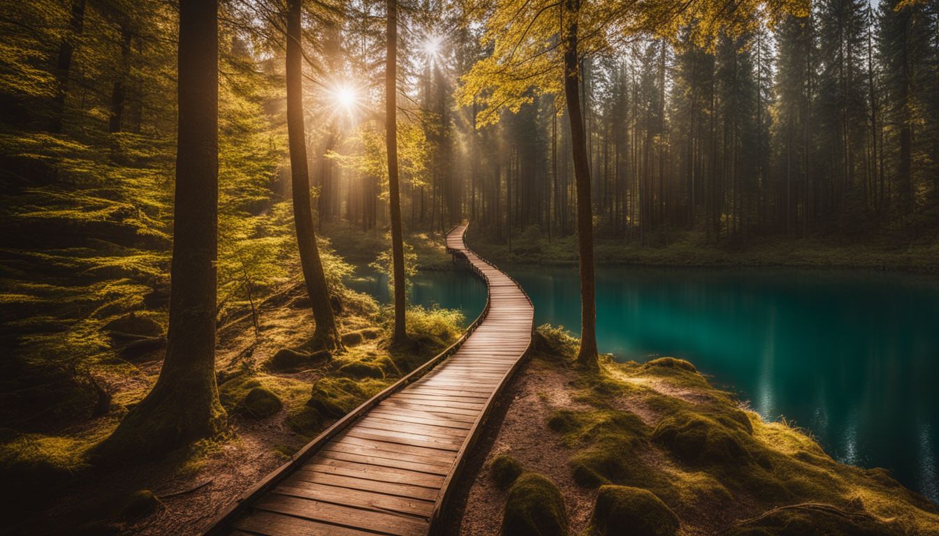 a vibrant forest path leading to a tranquil lake, captured with high-quality equipment.