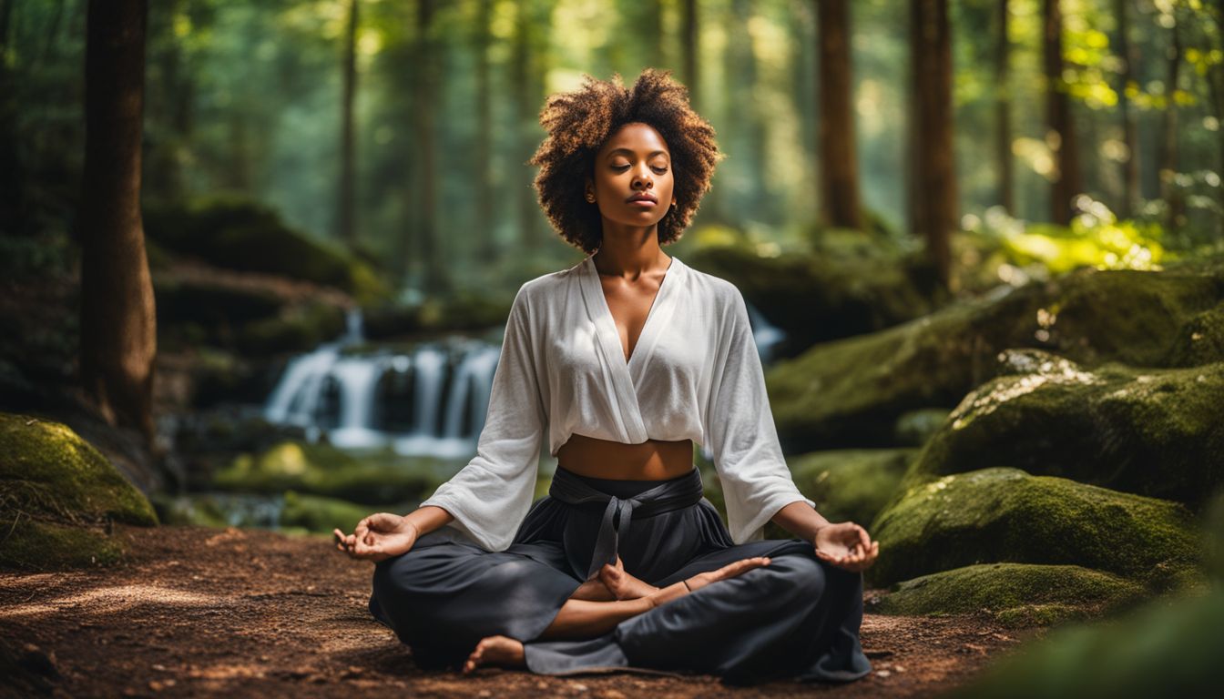 person meditating in a vibrant forest, surrounded by diverse nature.