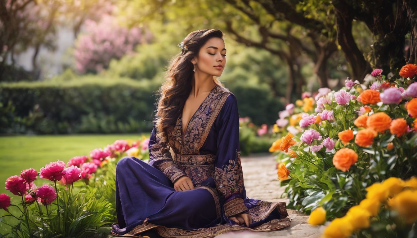 person meditating in a beautiful garden surrounded by diverse nature.