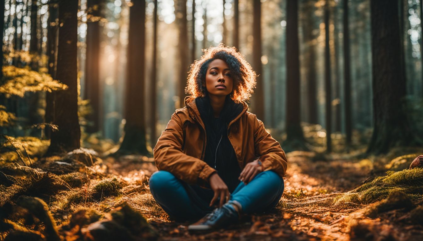 person surrounded by nature, with diverse people and vibrant colors.