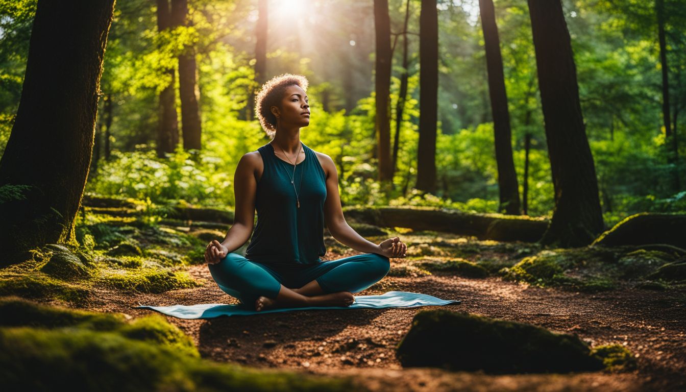 a person meditating in a peaceful forest surrounded by vibrant nature.