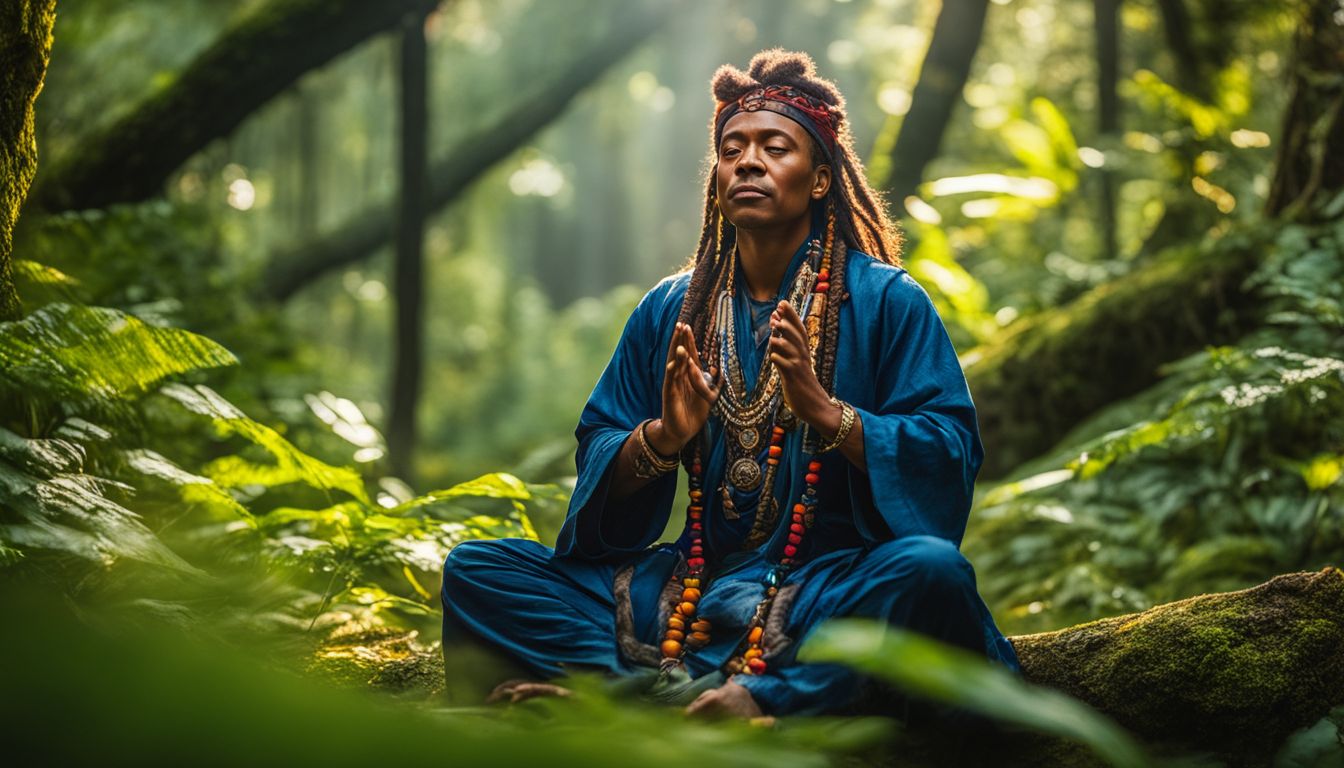 a shaman meditating in a lush forest surrounded by vibrant greenery.