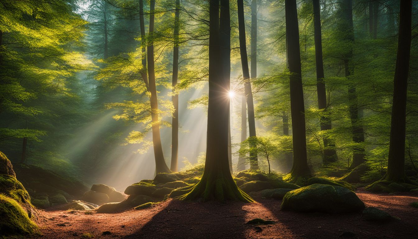 a vibrant forest scene with diverse people and beautiful natural lighting.