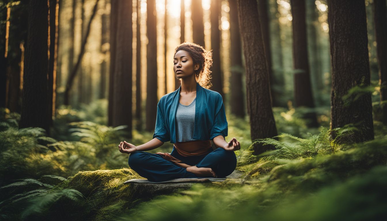 a person meditating in a peaceful forest surrounded by vibrant nature.