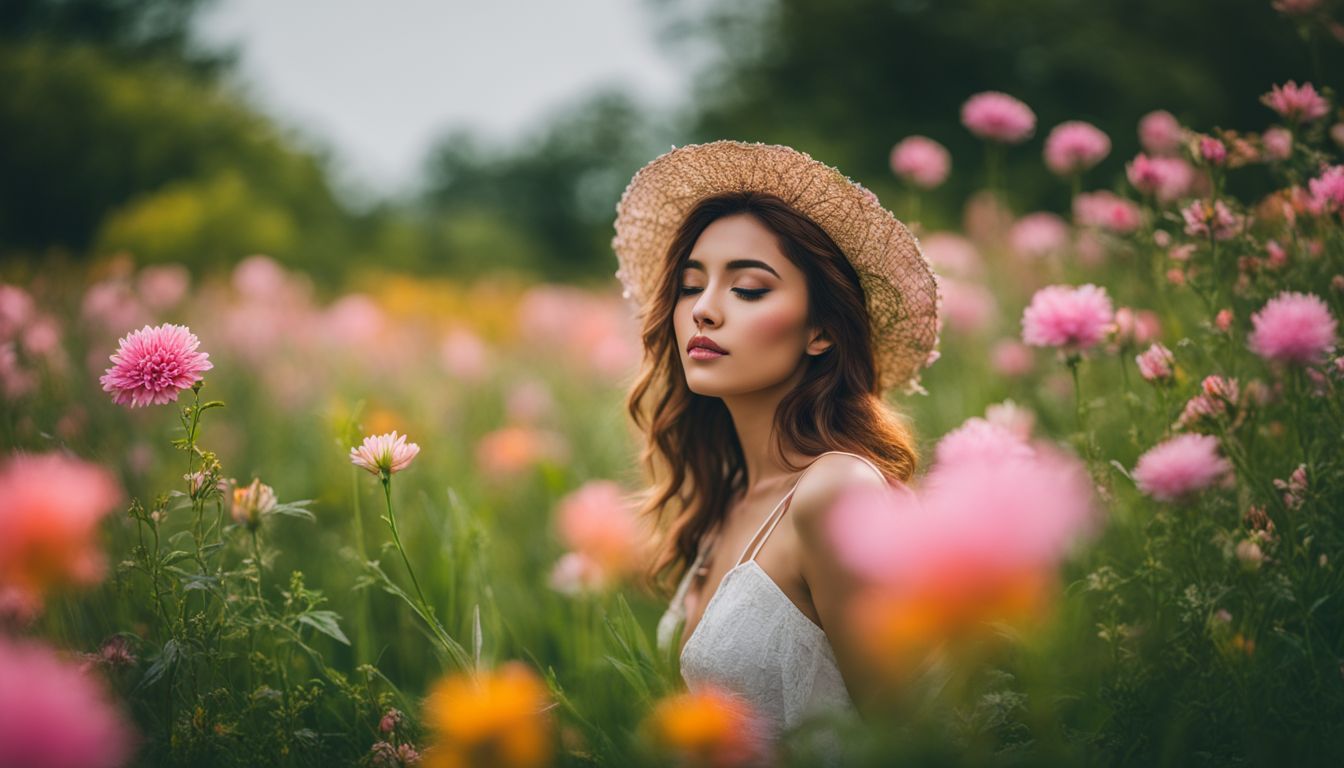 a vibrant, diverse scene of blooming flowers and people in nature.