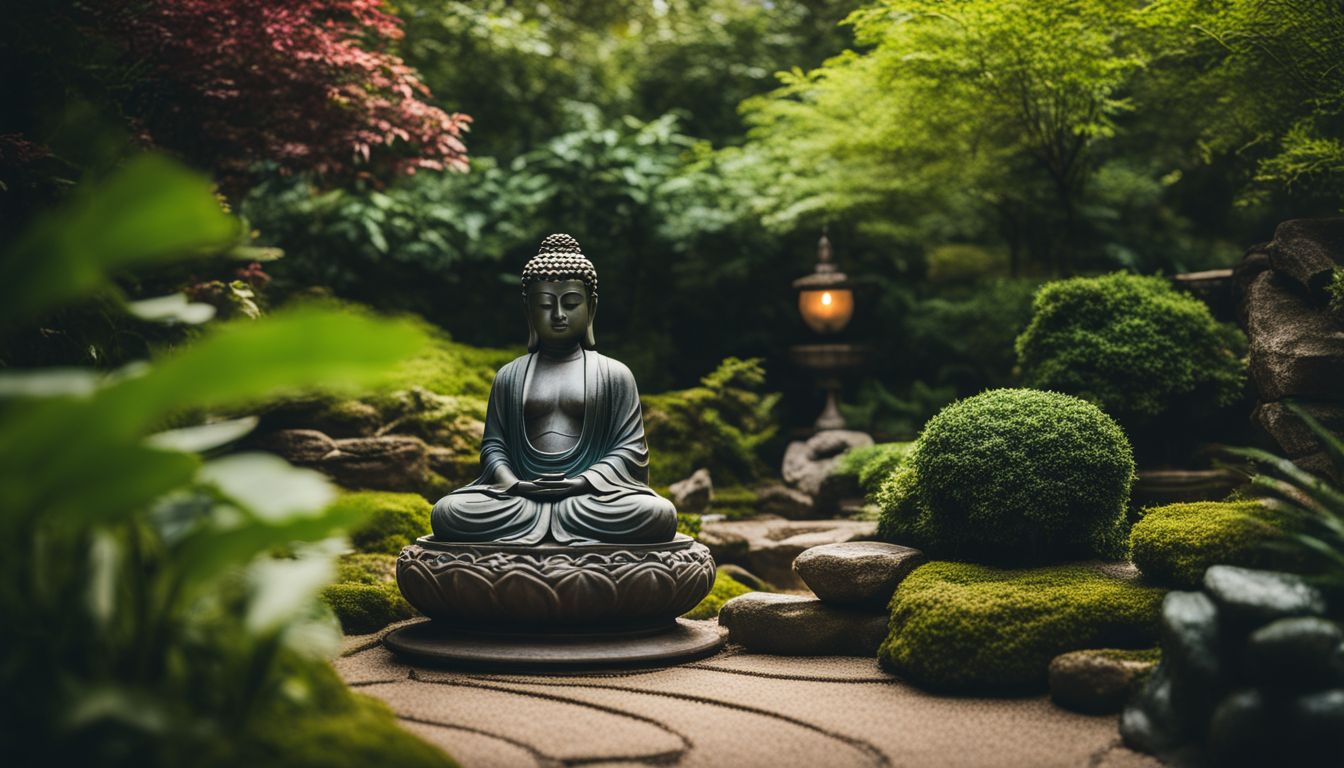 a serene zen garden with a meditating buddha statue and vibrant surroundings.