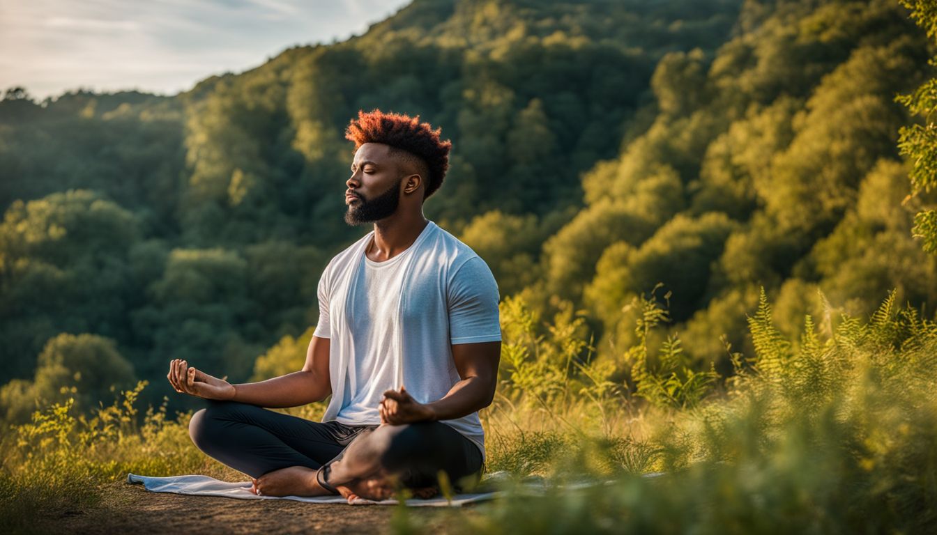 a person meditating in a peaceful natural setting surrounded by greenery.
