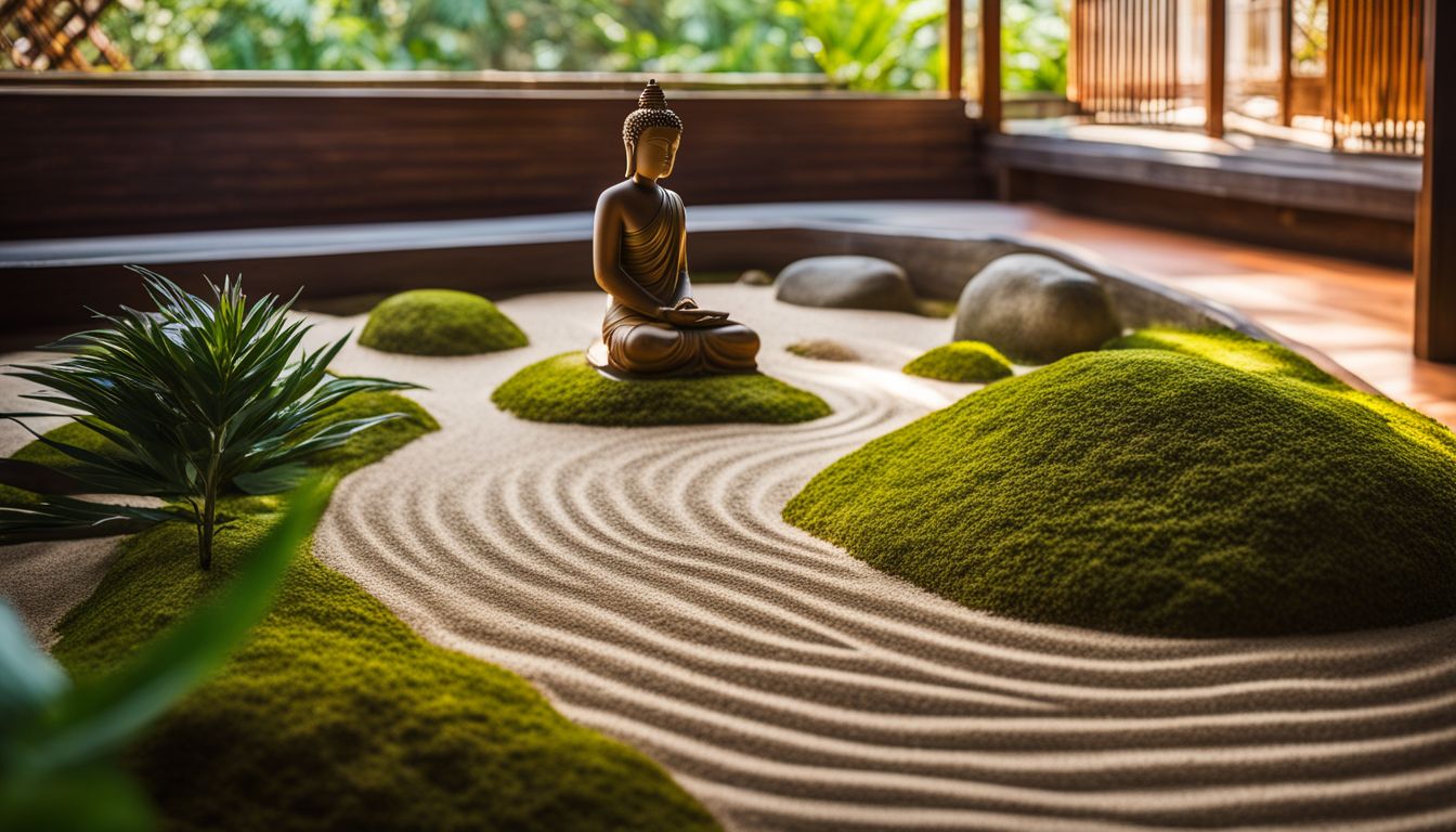 a serene zen garden with a meditating buddha statue, vibrant colors.