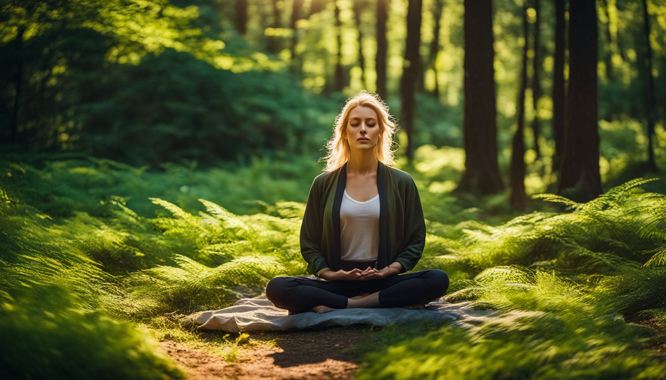 a person meditating in a peaceful forest surrounded by vibrant green trees.
