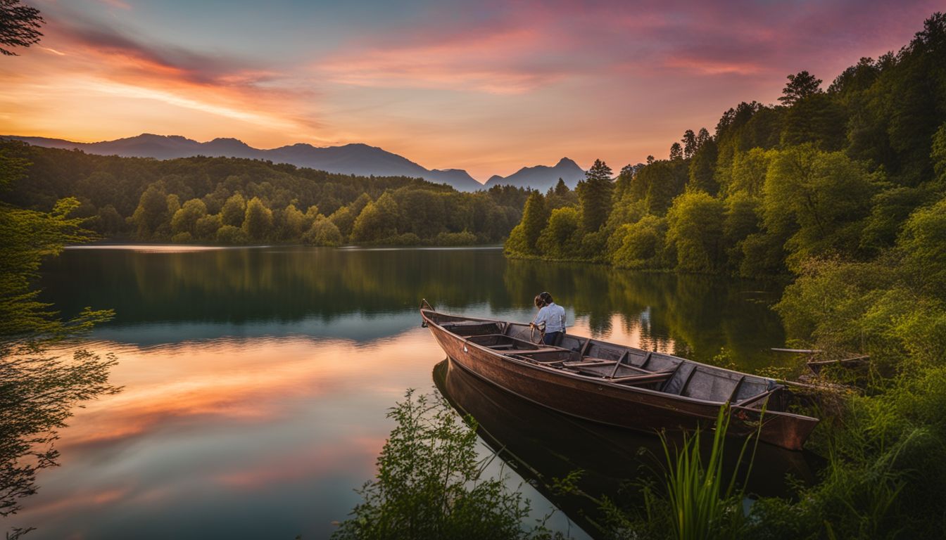 a stunning sunset over a serene lake, embraced by nature's beauty.