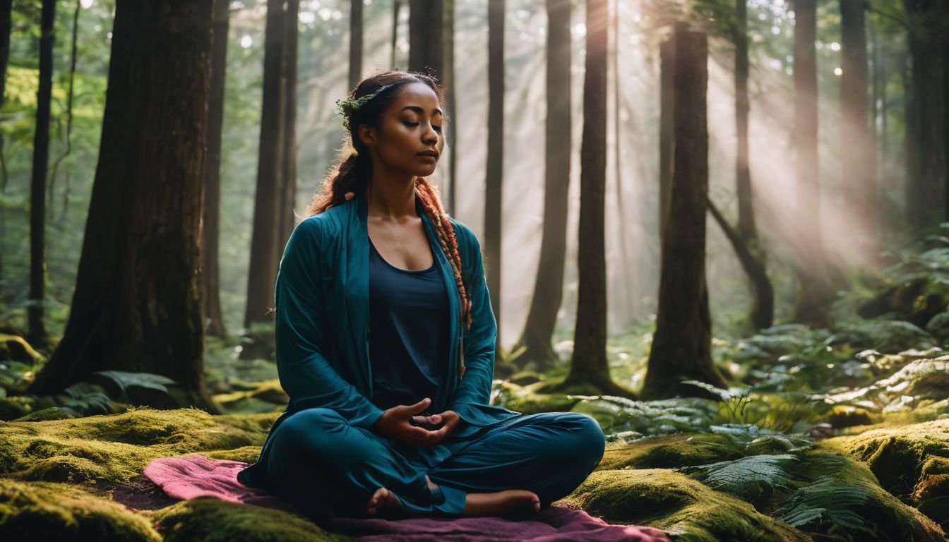 a person meditating in a vibrant forest with various backgrounds and styles.