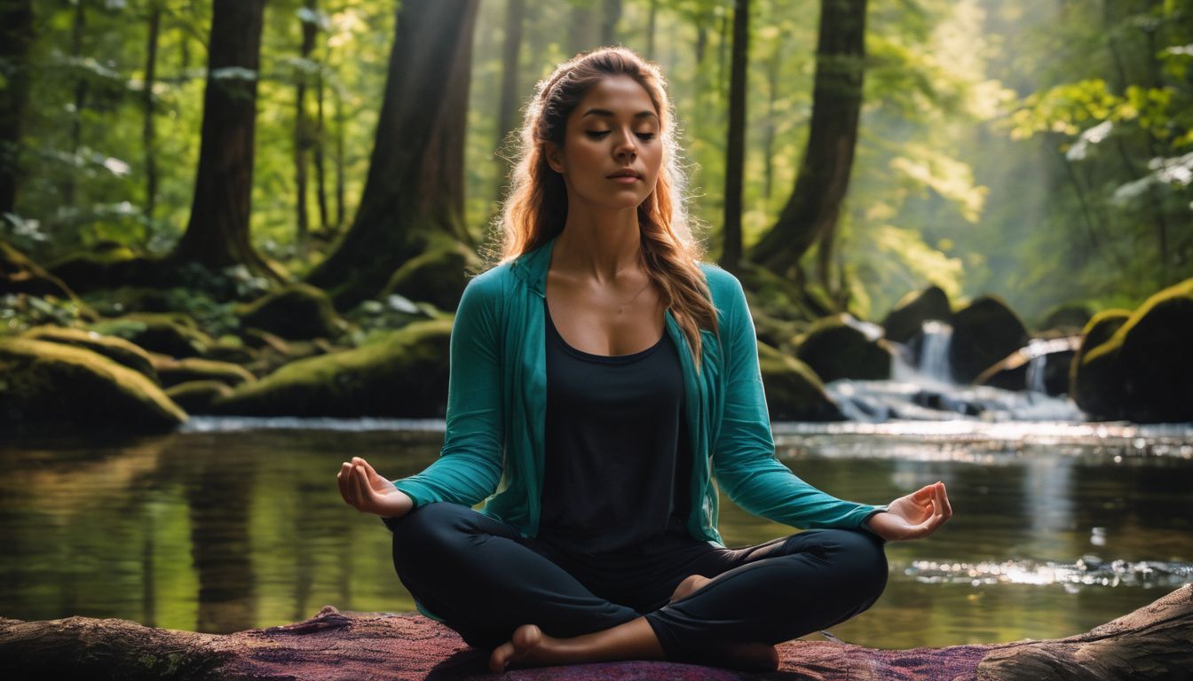 a person meditating in a vibrant forest, surrounded by diverse individuals.