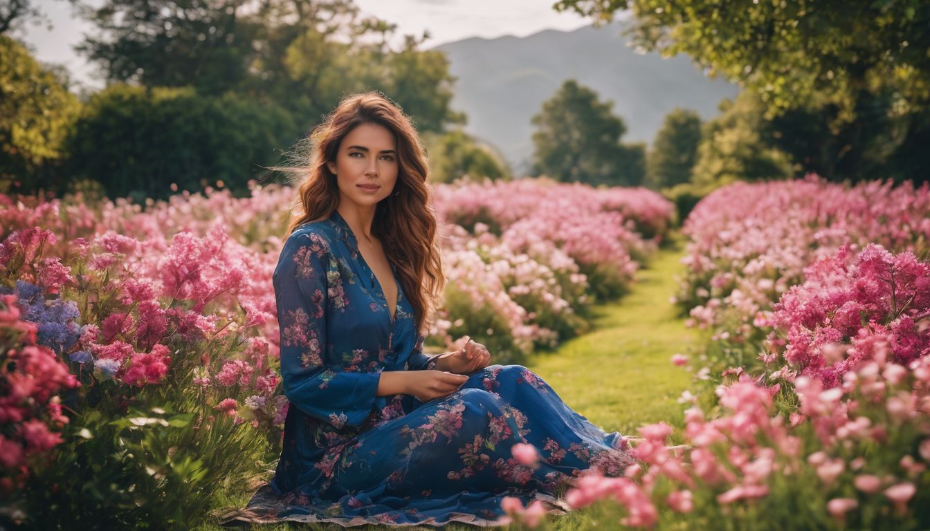 a person sitting in a vibrant garden surrounded by blooming flowers.