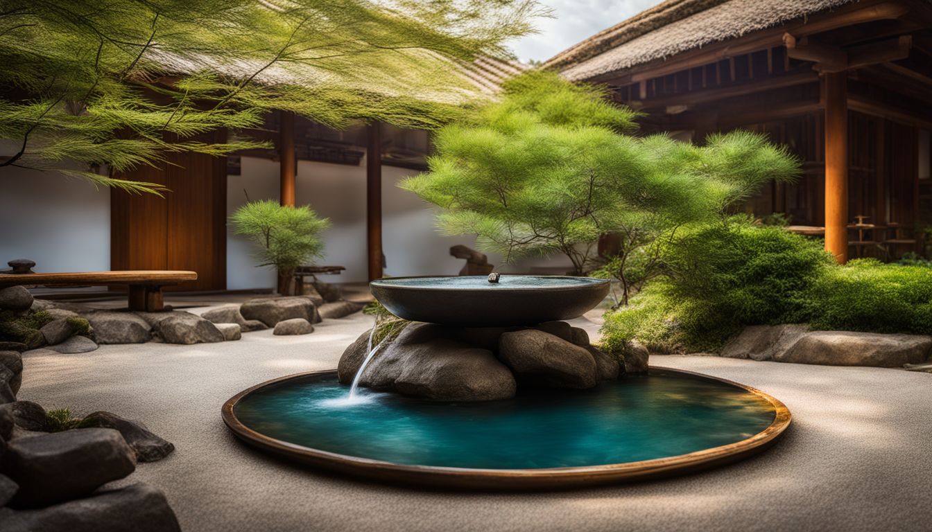 a vibrant zen garden with diverse people and natural elements.