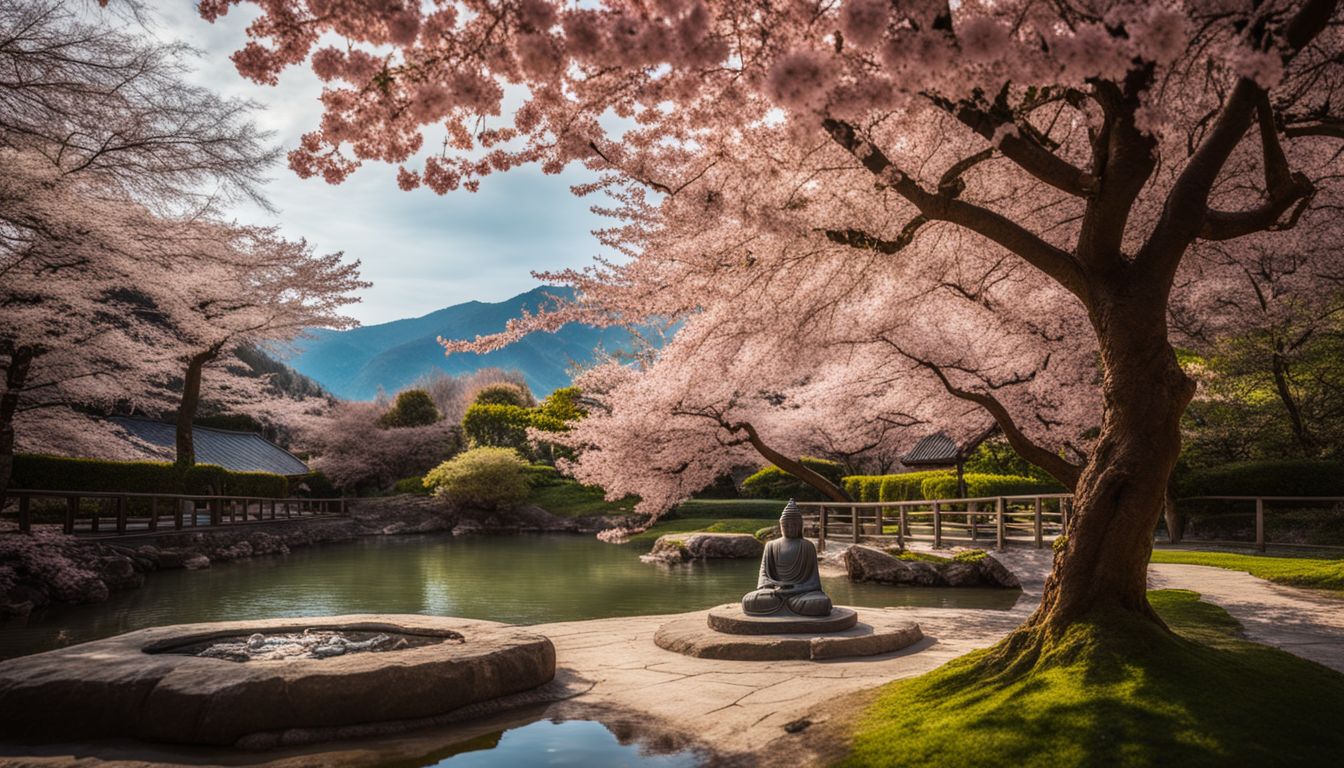 a serene zen garden with a meditating buddha statue surrounded by cherry blossoms.