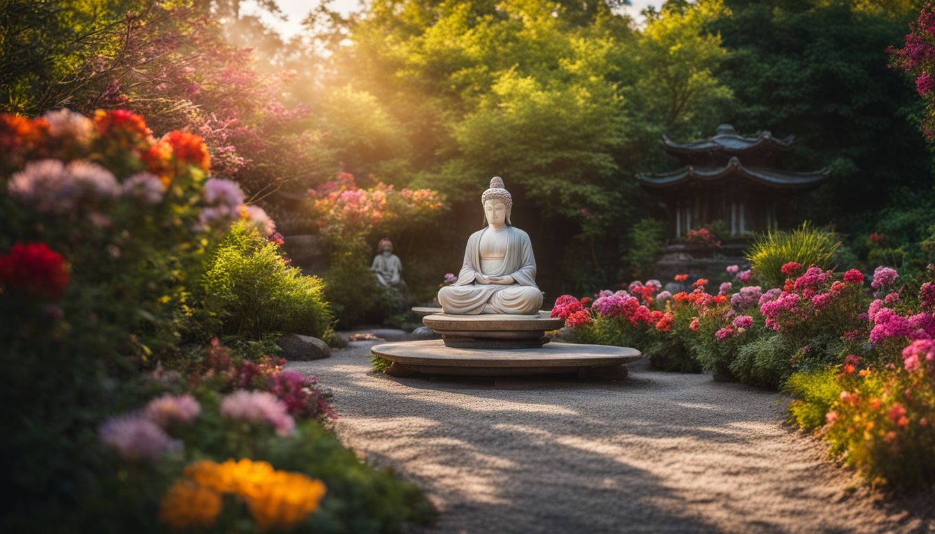 a tranquil zen garden with diverse people and vibrant flowers.