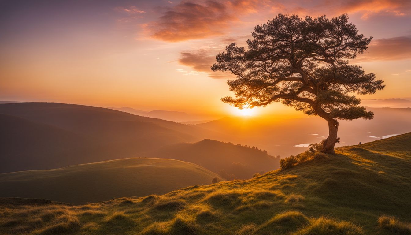 a peaceful landscape with a lone tree and a sunrise.