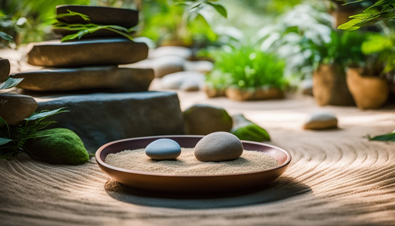 zen garden with rocks, sand, lush greenery, and meditation cushion.