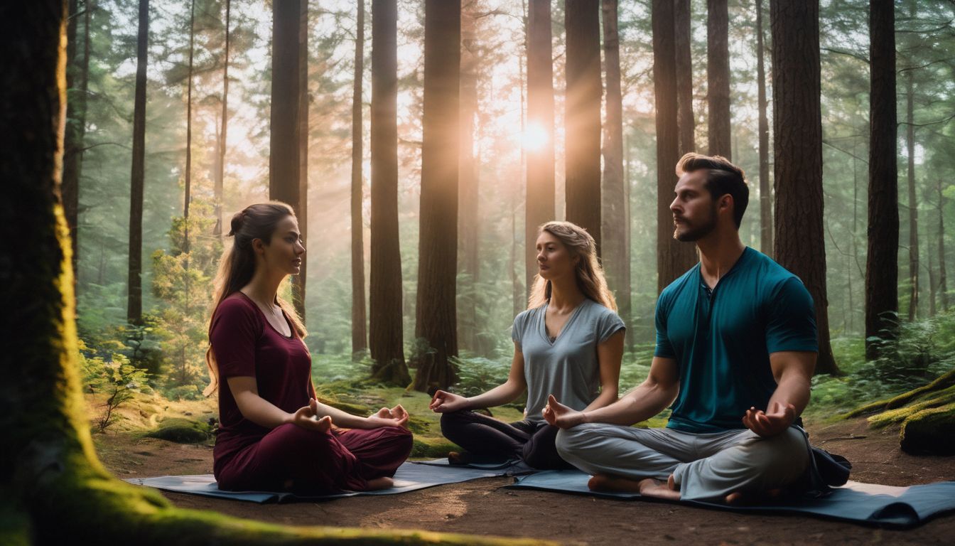 couples meditating together in a vibrant forest, showcasing diverse faces and styles.