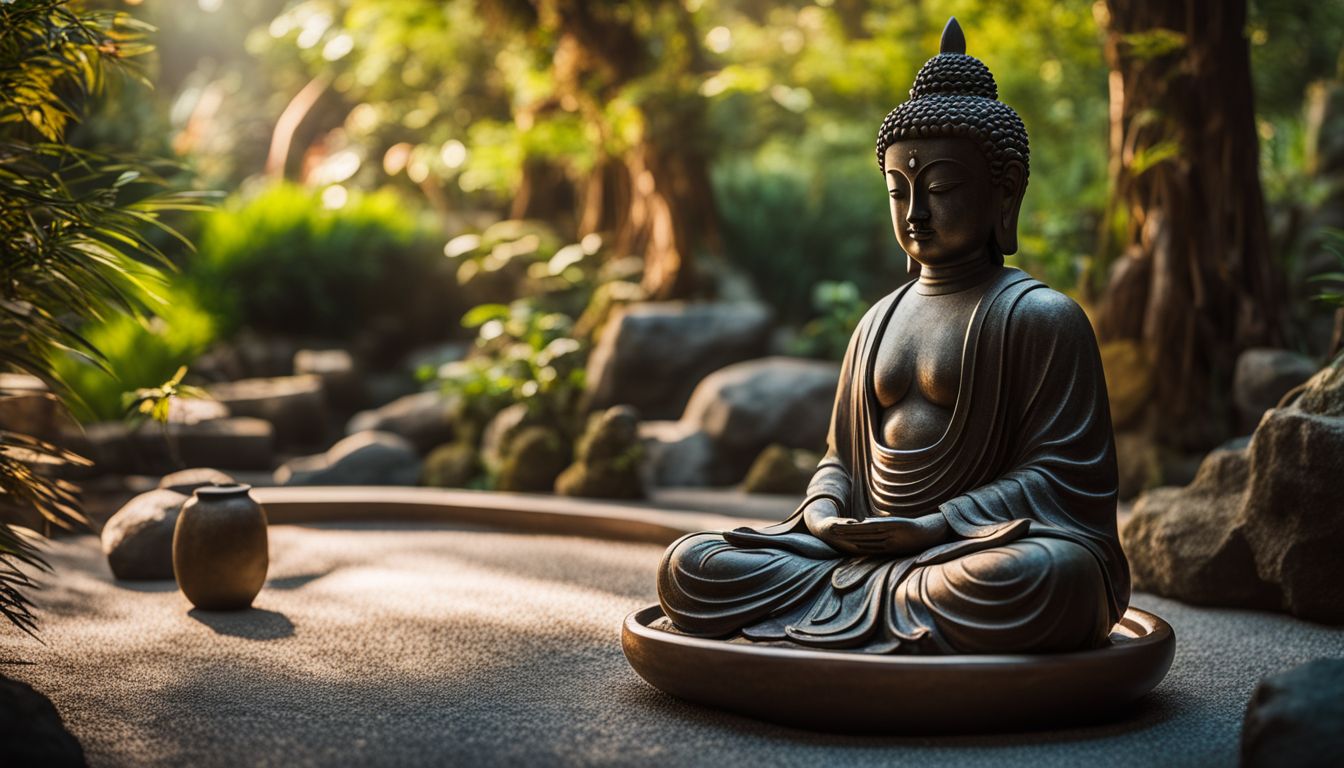 a diverse and vibrant zen garden with a meditating buddha statue.