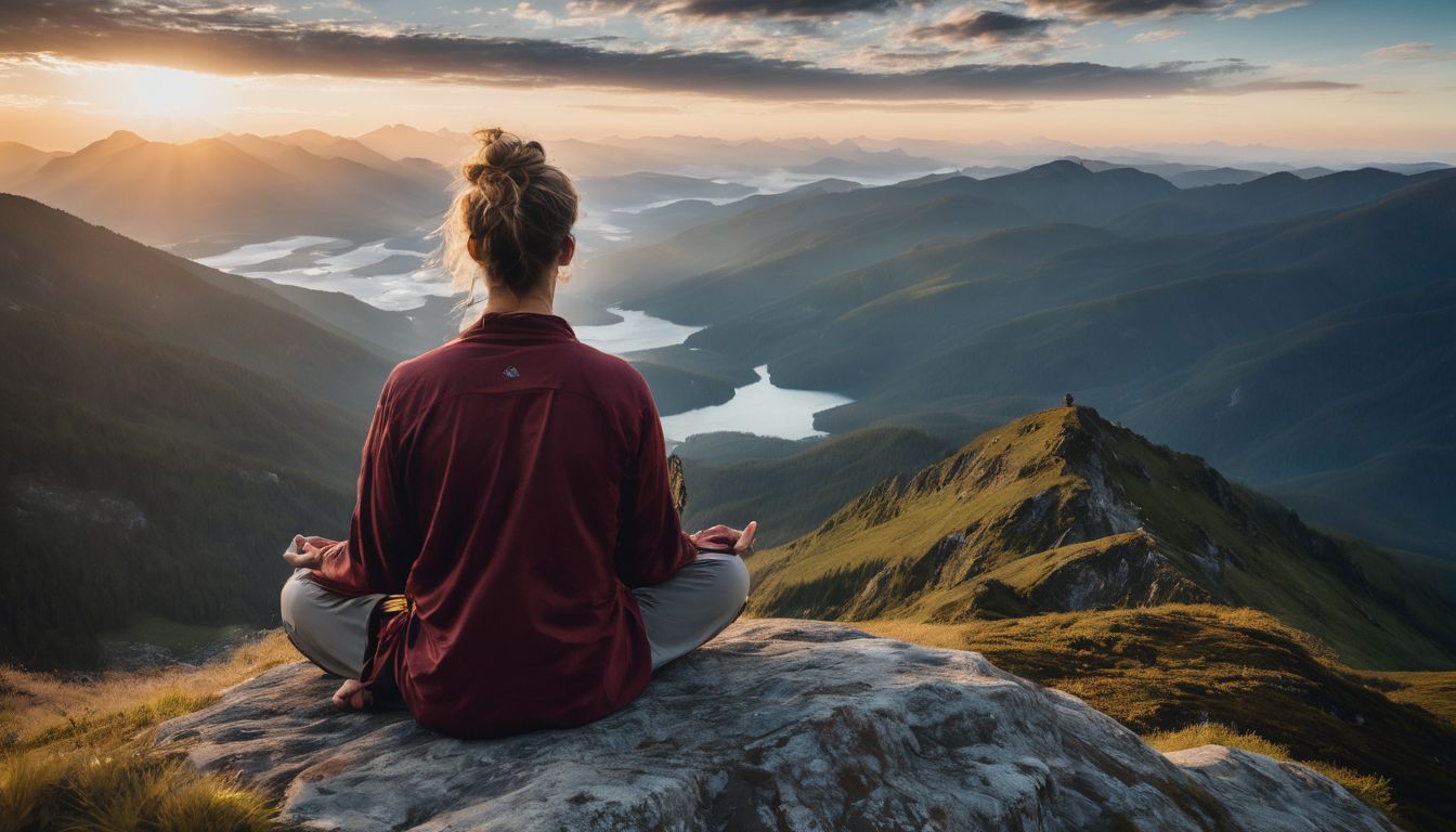 a meditator on a mountaintop surrounded by nature, captured in high-definition.