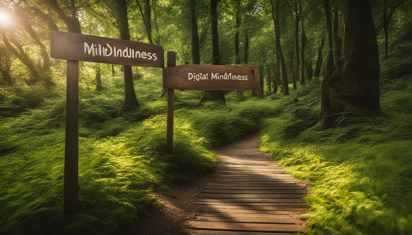 [image subject]: un sentier forestier paisible avec un panneau 'digital mindfulness'.
