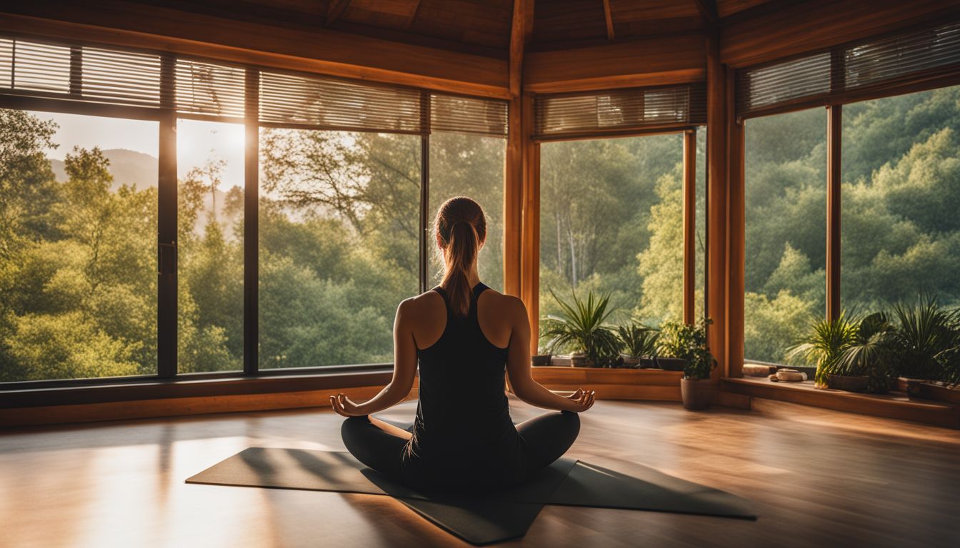 une personne médite dans un studio de yoga entouré par la nature apaisante.