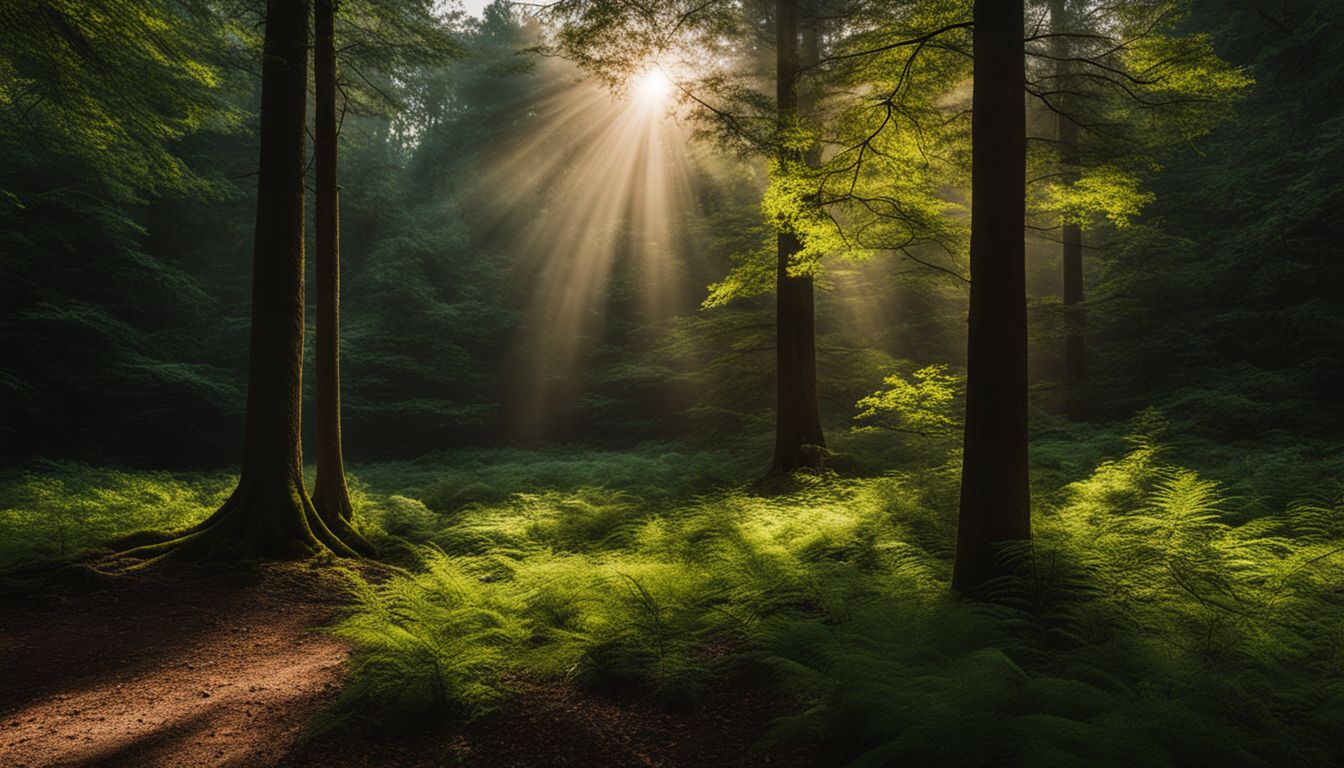une photo d'une forêt tranquille et sereine avec un seul rayon de soleil à travers les arbres.