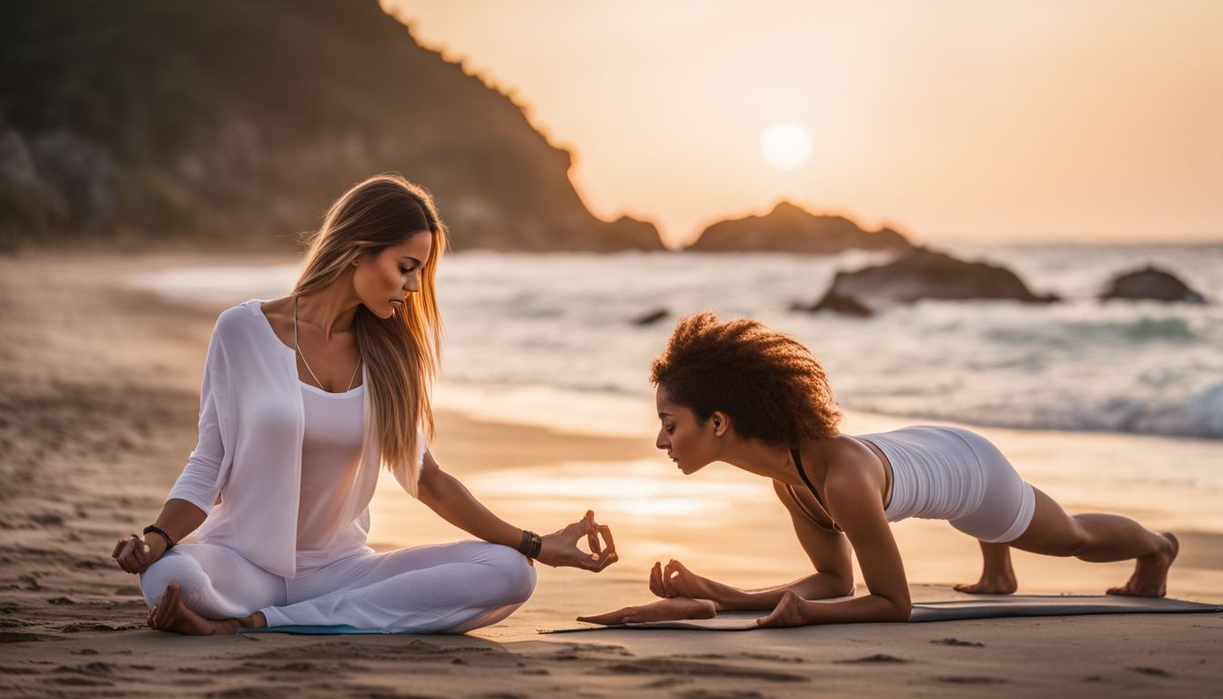 une femme pratique le yoga sur une plage paisible au lever du soleil.