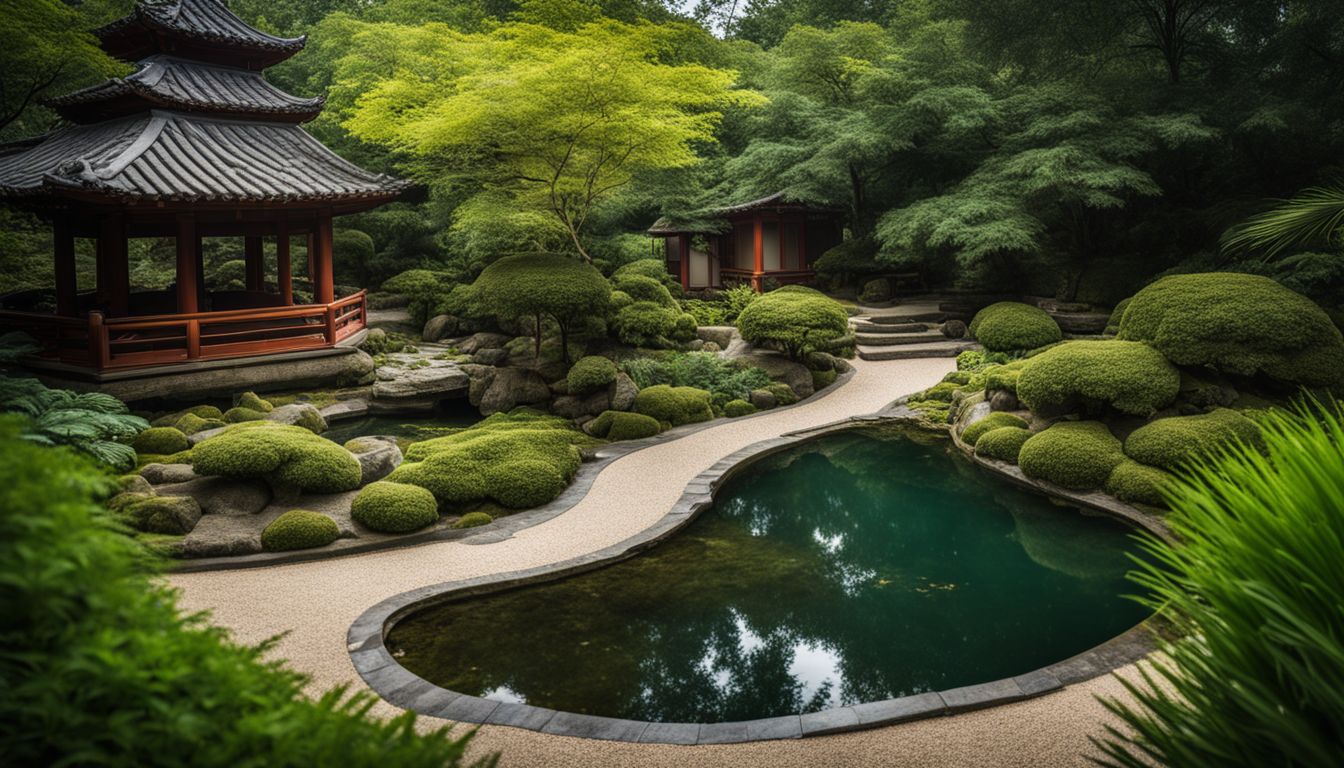 un jardin zen paisible avec un étang tranquille et une végétation luxuriante.