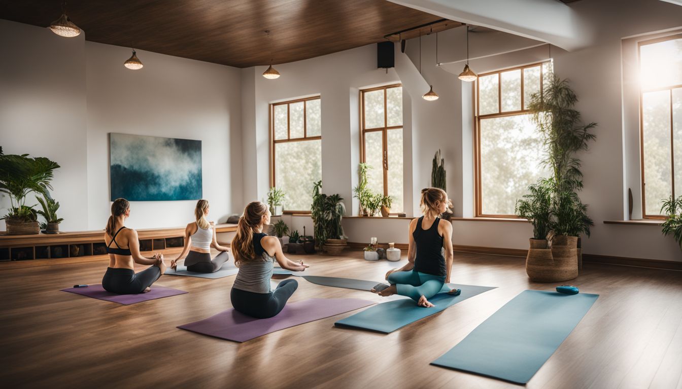 un studio de yoga paisible avec une atmosphère paisible et divers visages.