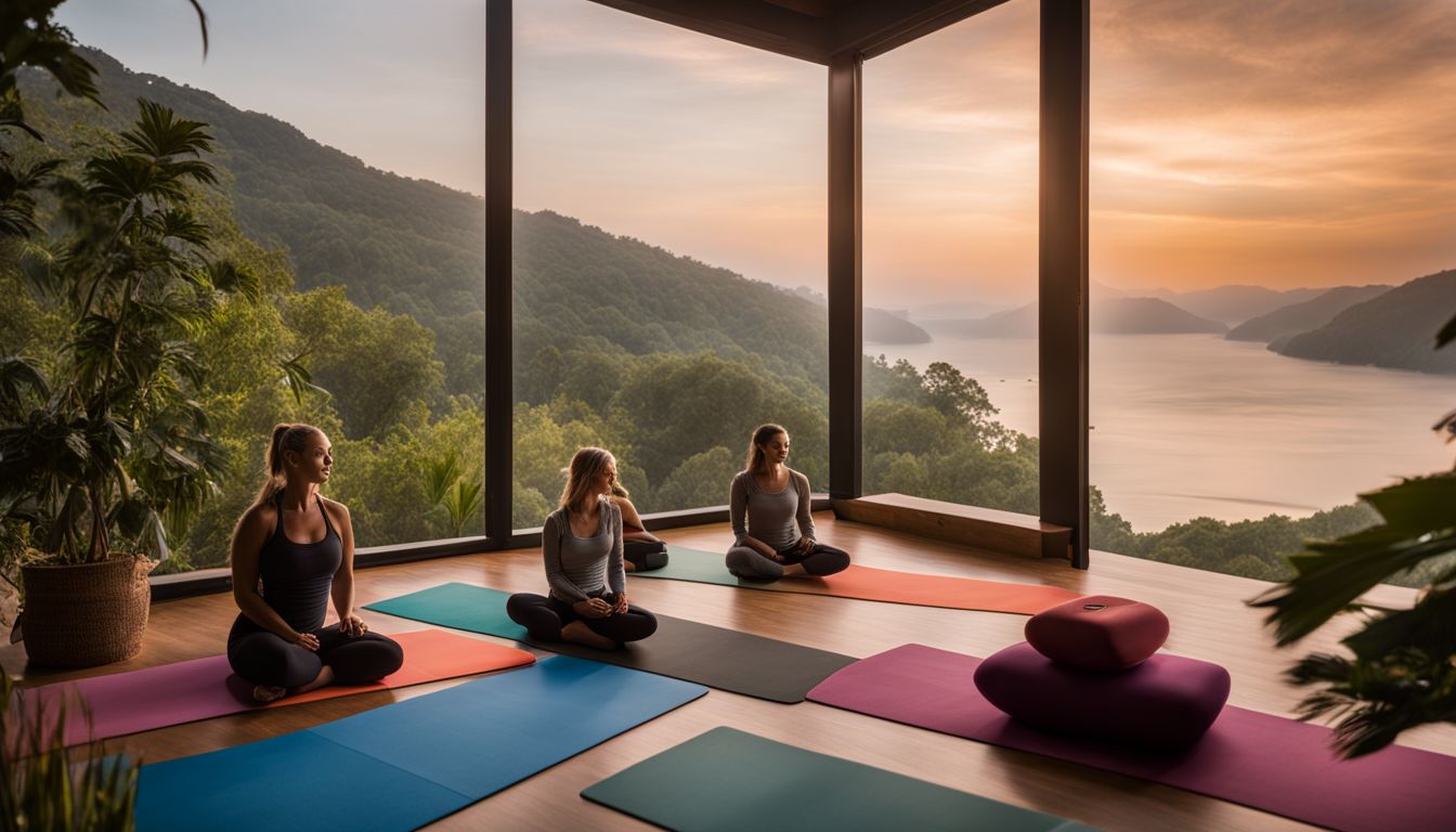 un matin paisible dans un studio de yoga tranquille avec des personnes pratiquant.