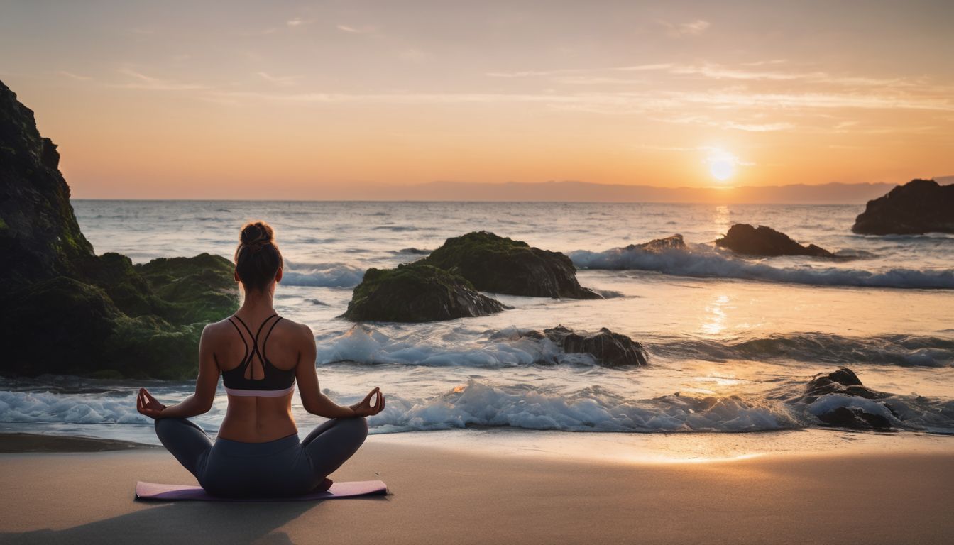 une personne pratique le yoga sur une plage au lever du soleil.