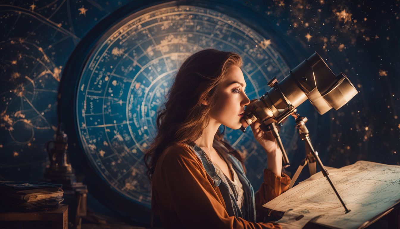 une femme admirant le ciel nocturne avec un télescope entourée de cartes astrologiques.