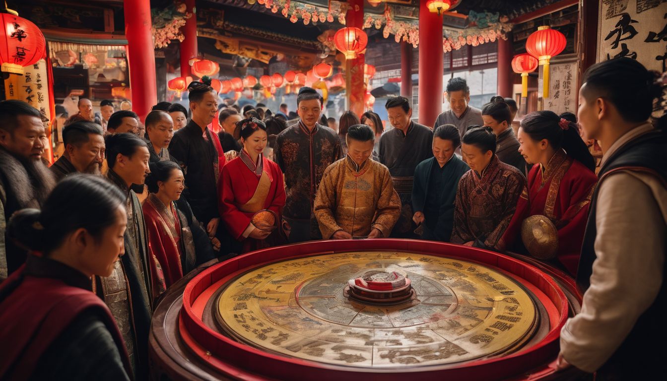 un groupe de personnes autour d'une roue du zodiaque chinois dans une atmosphère animée.